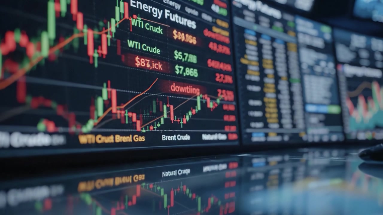 Analisi dinamica del mercato dei futures energetici: osservazione delle fluttuazioni dei prezzi del petrolio greggio WTI e di altre materie prime energetiche su schermi di trading avanzati.