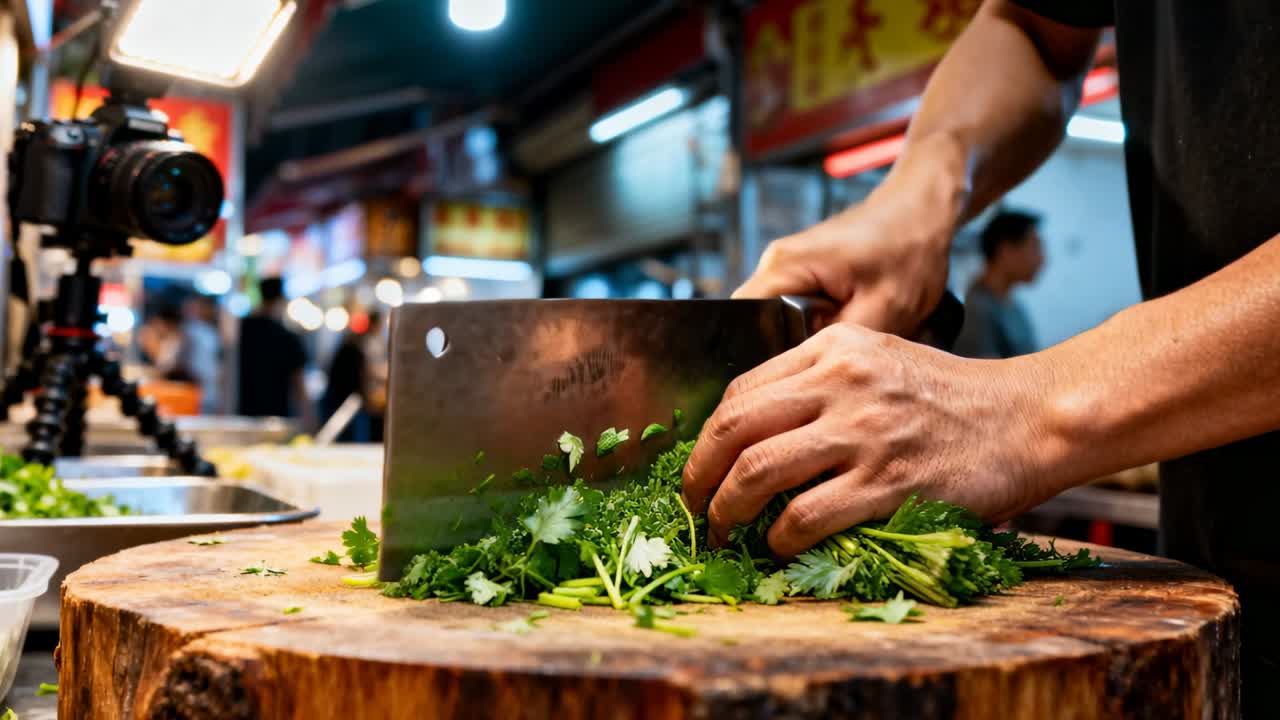 Chopping cook's hands guiding herbs on market block with cleaver, camera recording for cooking prep