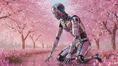 a futuristic robot amidst blossoming cherry trees: exploring the beauty of nature and technology in a harmonious landscape