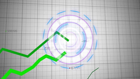 animación de líneas verdes, escaneo de alcance y procesamiento de datos financieros