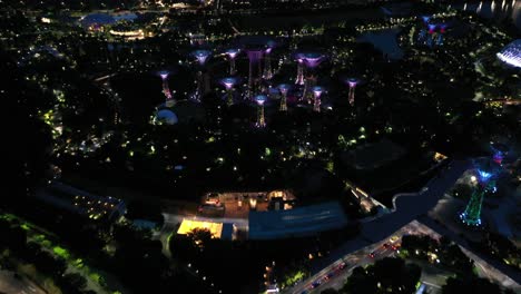night aerial footage of the gardens by the bay and marina bay sands tower in singapore
