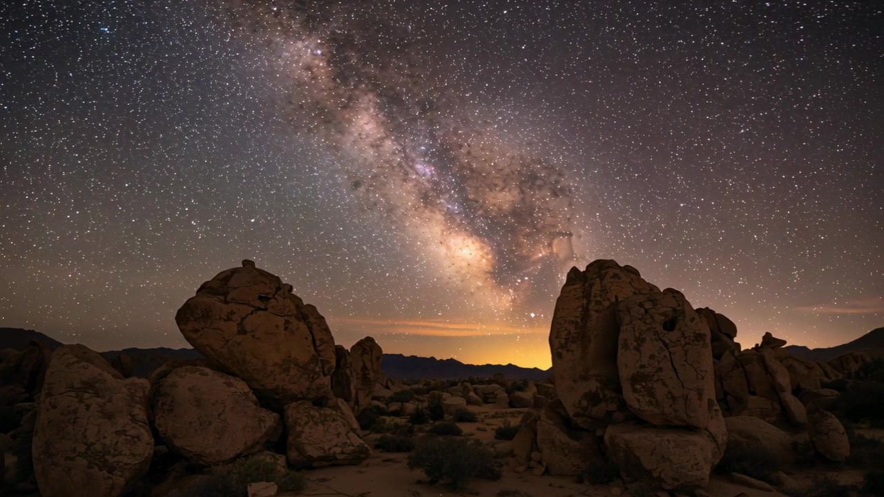 Starting timelapse rig capturing desert boulders while Milky Way band shifting, showing star motion