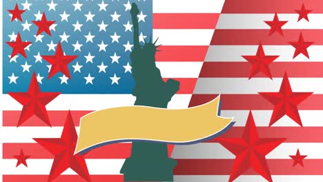 animation of banner with copy space over statue of liberty and american flag