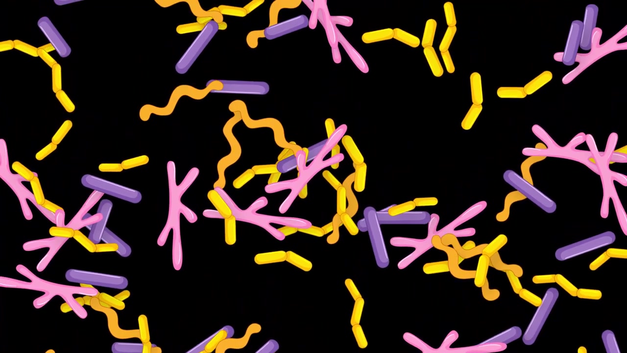 Vibrant 3D bacteria and microbes fall continuously through a dark void in this scientific animation.