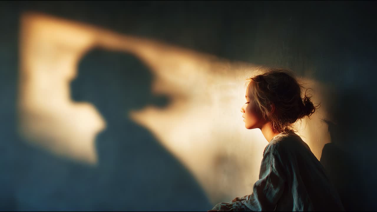 A serene moment captured in soft light reveals a contemplative figure seated in a quiet setting, with dynamic shadows cast on the wall, evoking deep reflection and tranquility