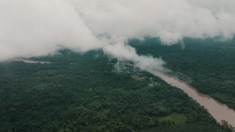 volando a través de las nubes sobre el dosel de los árboles en la selva tropical en la amazonía de ecuador