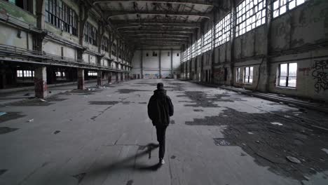 montage sequence showing a man walking through a large, decaying industrial building, highlighting the vast emptiness and state of disrepair