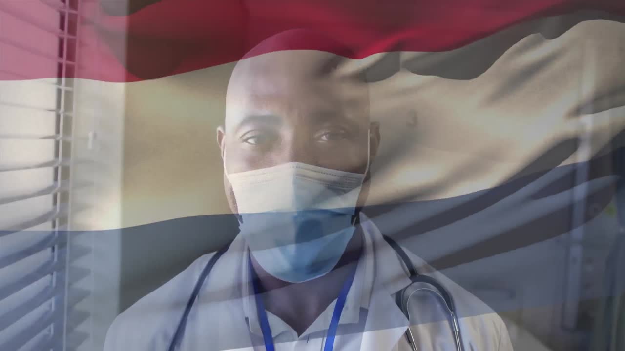 얼굴 마스크를 착용 한 의사 위에 흔들리는 네덜란드 발의 애니메이션