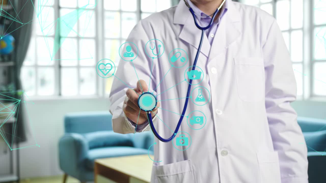 Doctor And Stethoscope In Hand Touching Icon Medical Network Connection With Modern Virtual Screen Interface, Medical Technology Network Concept