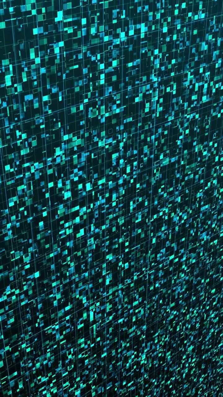 Abstract Digital Grid Background with Flickering Cyan Pixels