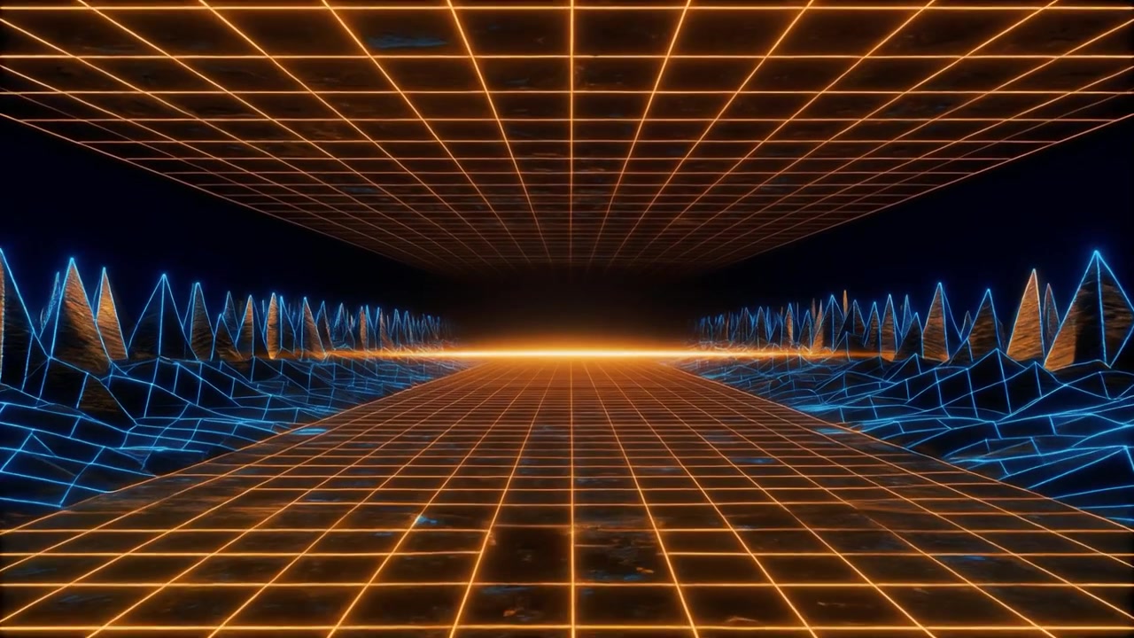 Retro Synthwave Style Digital Landscape with Glowing Orange Grid