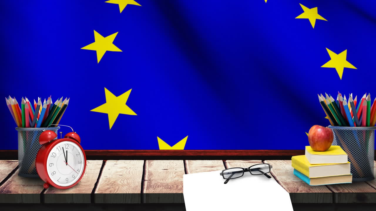 Bandiera UE con materiale scolastico