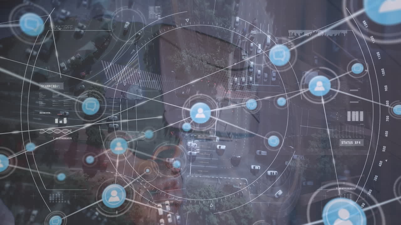 animación del visor, las conexiones y el tráfico vial sobre el hombre caucásico en auriculares vr