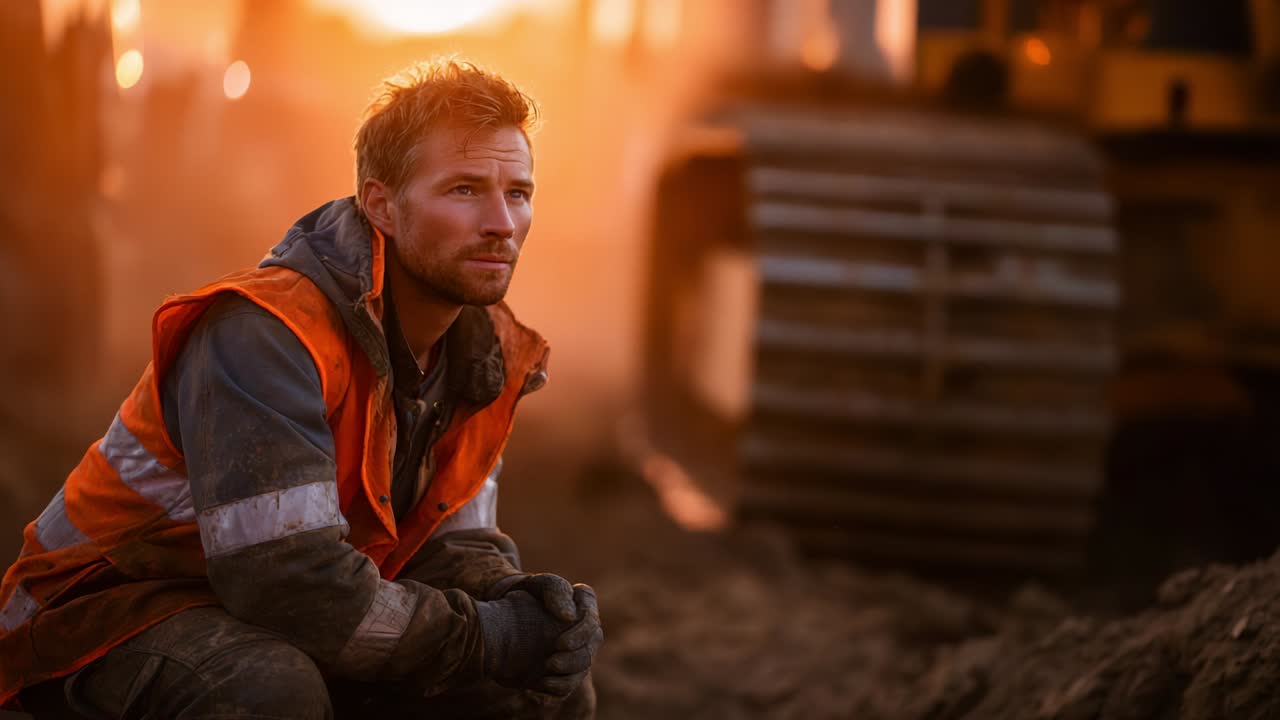 Reflective Construction Worker at Dusk: A Portrait of Determination and Hard Work Amidst Dusty Surroundings and Heavy Machinery, Capturing the Essence of Labor in an Industrial Setting