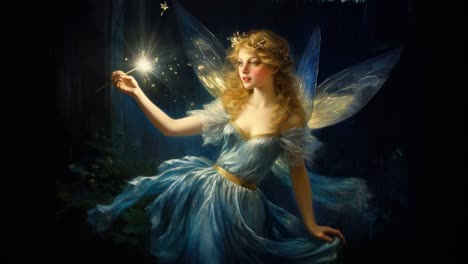 A whimsical fairy in a flowing blue dress, holding a glowing wand