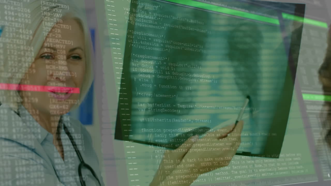 Female doctor guiding colleague using stylus on code display, highlighting medical tech overlay