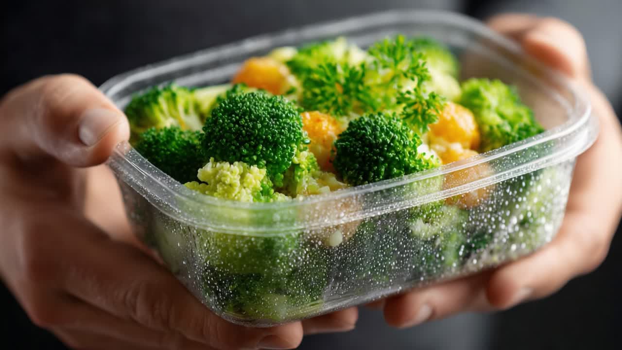 Freshly Prepared Broccoli Salad in a Clear Container, Showcasing Vibrant Green Vegetables and a Healthy Meal Option for Nutritious Eating