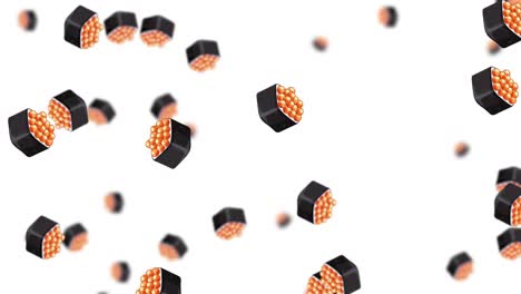 piezas de ikura maki cayendo contra un fondo blanco
