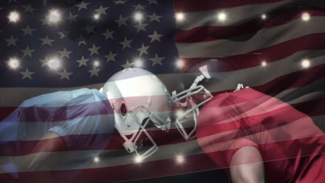 animation of waving usa flag and lights over american football player