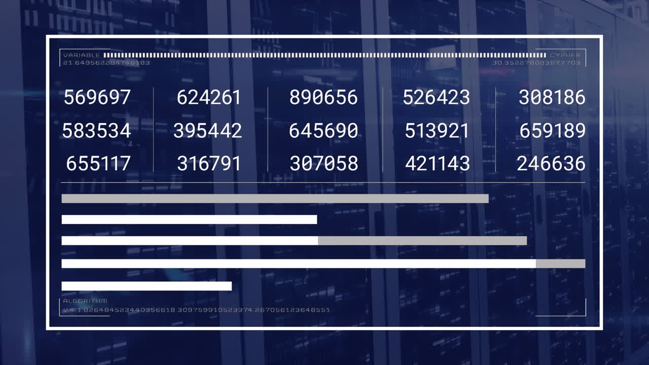 Animation of changing numbers with loading bars in rectangle over server racks in server room
