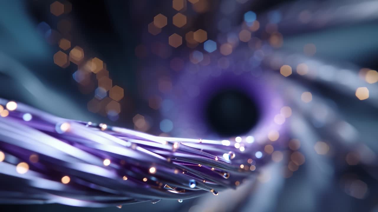 Abstract Fiber Optic Cables with Glowing Lights in a Digital Tunnel