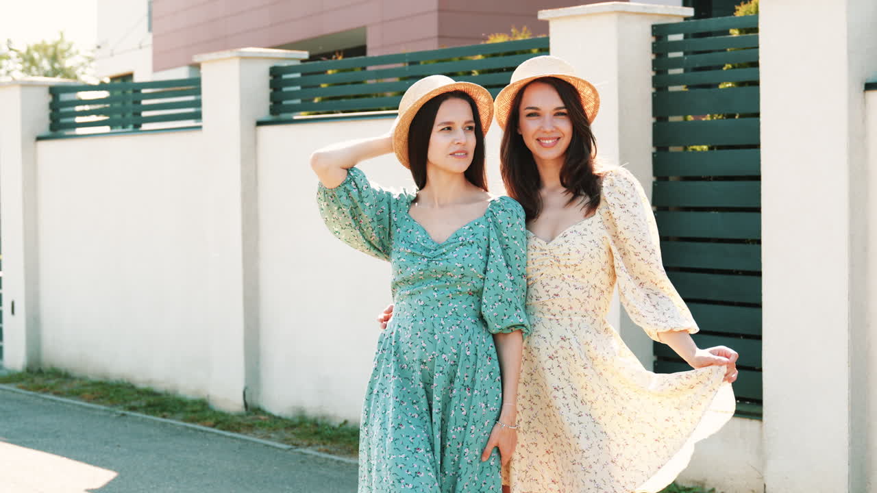 꽃 드레스 와  모자 를 입은 두 여자