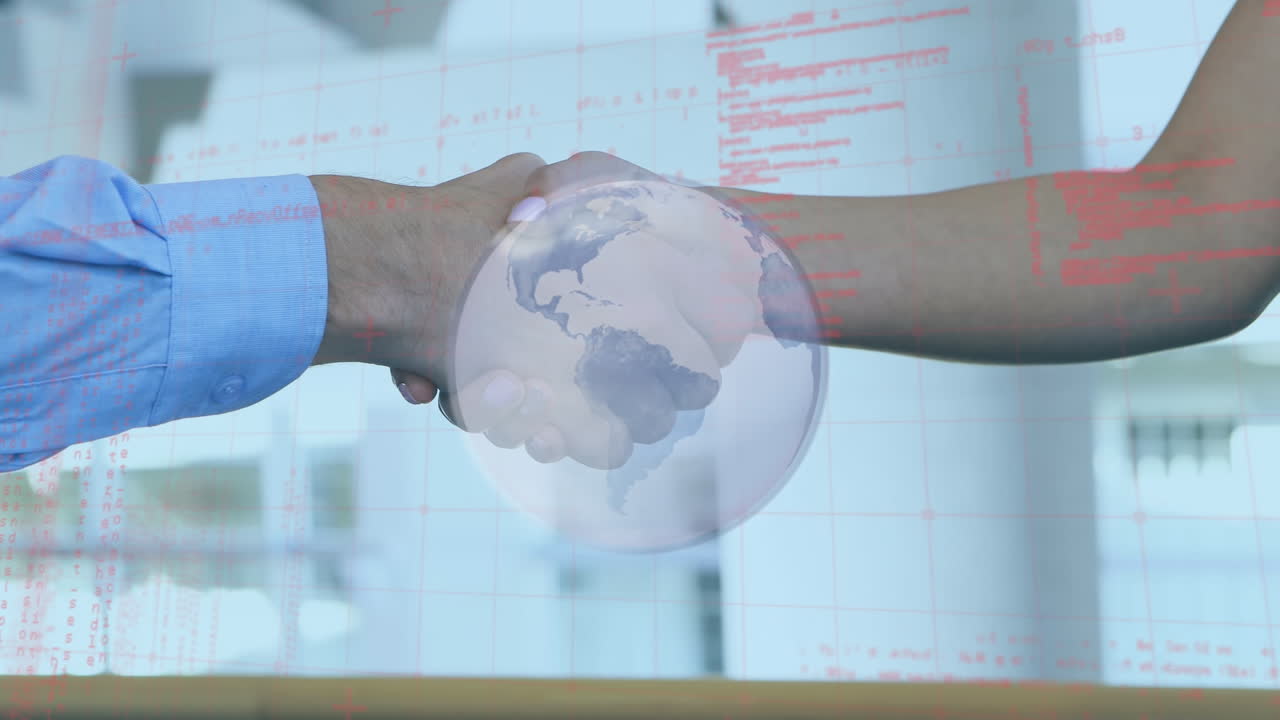 animación de procesamiento de datos y globo sobre diversas personas de negocios de la mano