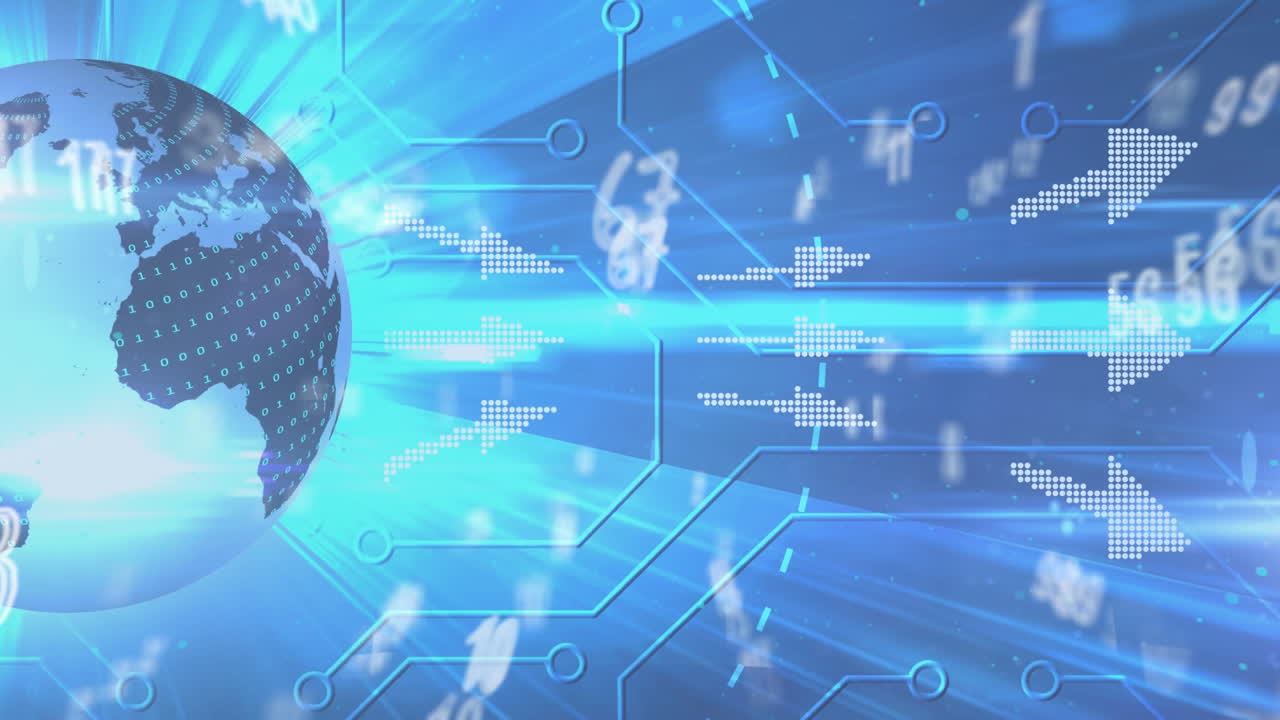 전 세계 회전 및 픽셀 화살표 위에 떠다니는 숫자와 함께 상승하는 화살표의 애니메이션