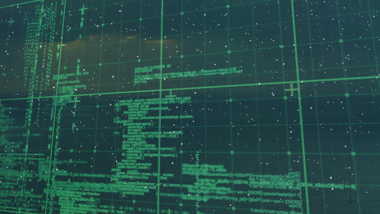 Animation of snow falling over grid and processing data on black background