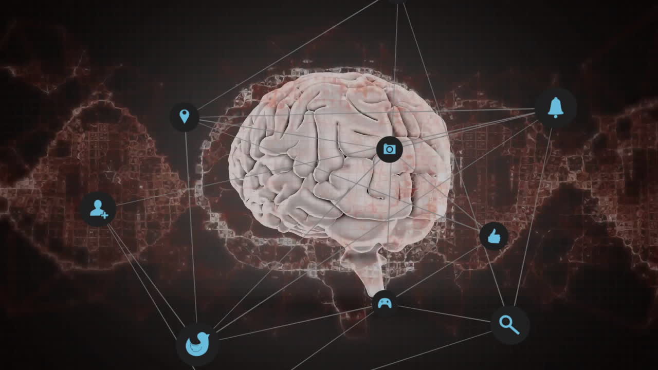 Animation of network of connections with icons over dna strand and human brain