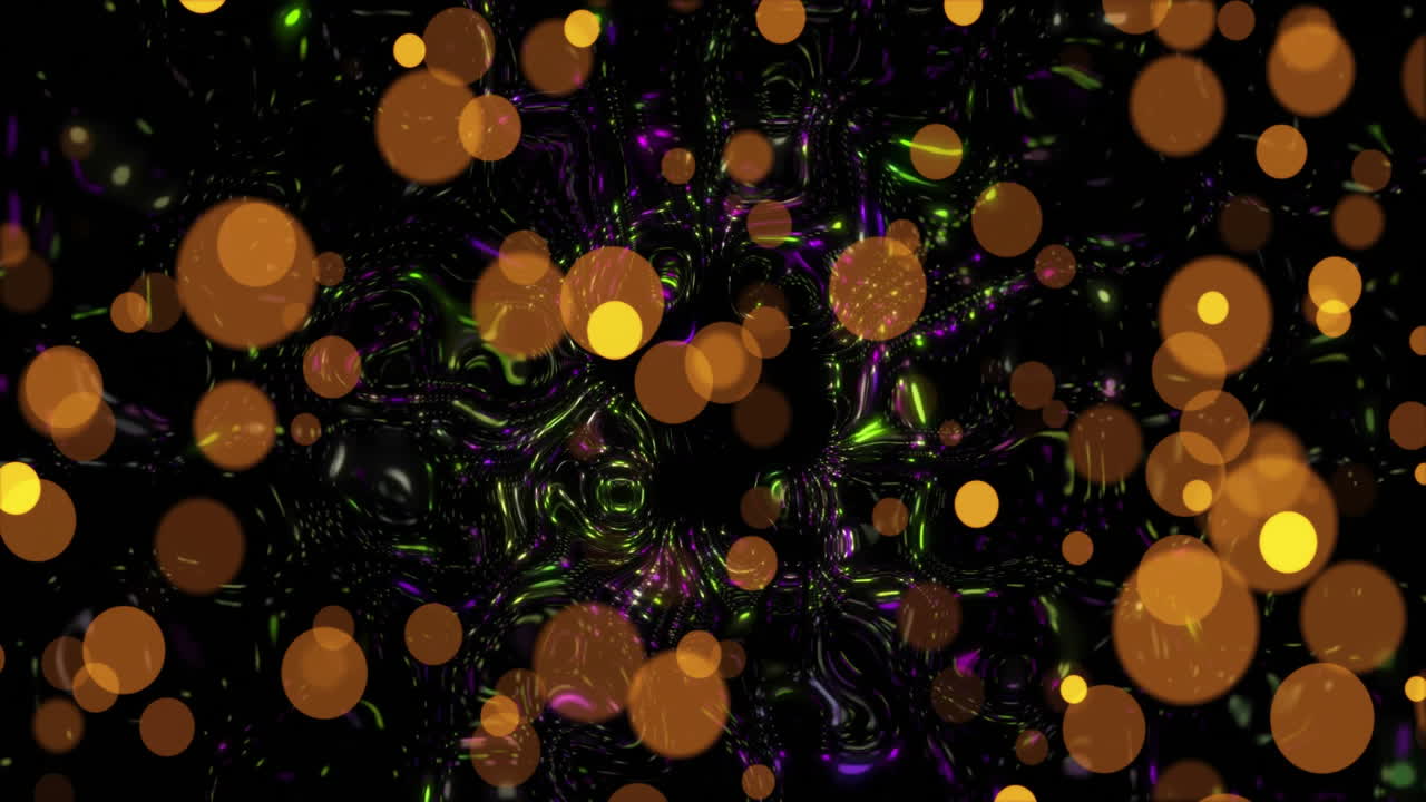 Floating glowing orange circles over dark background with green and purple animation hues