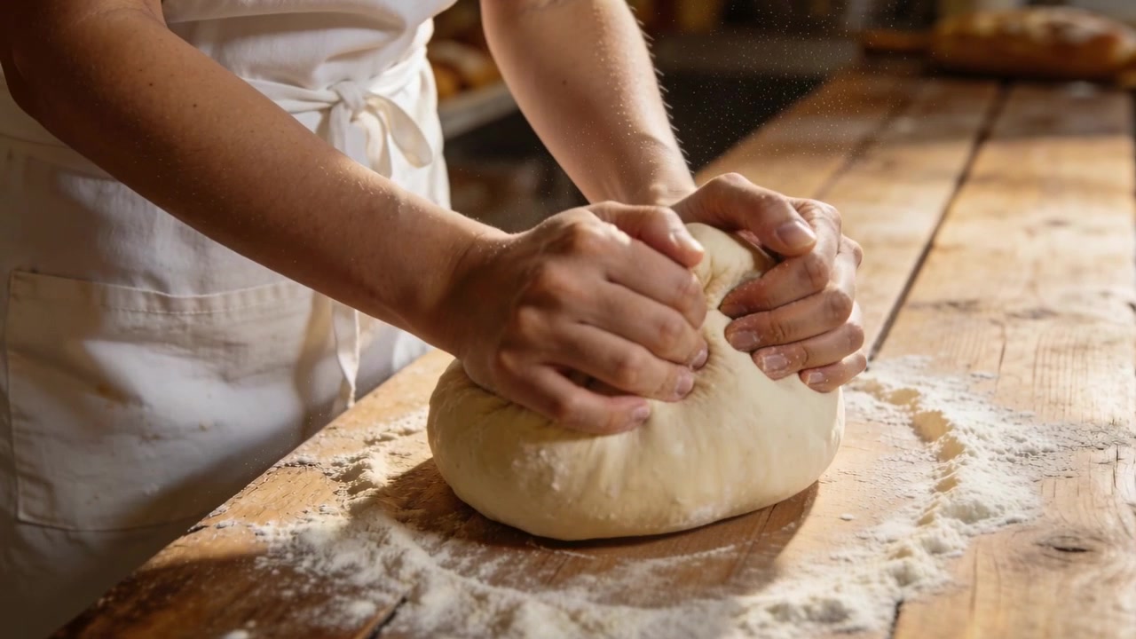 Starting white-aproned baker hands pressing, folding dough on floured bench shaping loaf for baking