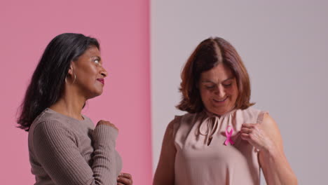 retrato de estudio de dos mujeres maduras que llevan cintas rosadas de concienciación sobre el cáncer de mama abrazándose contra un fondo rosa 1