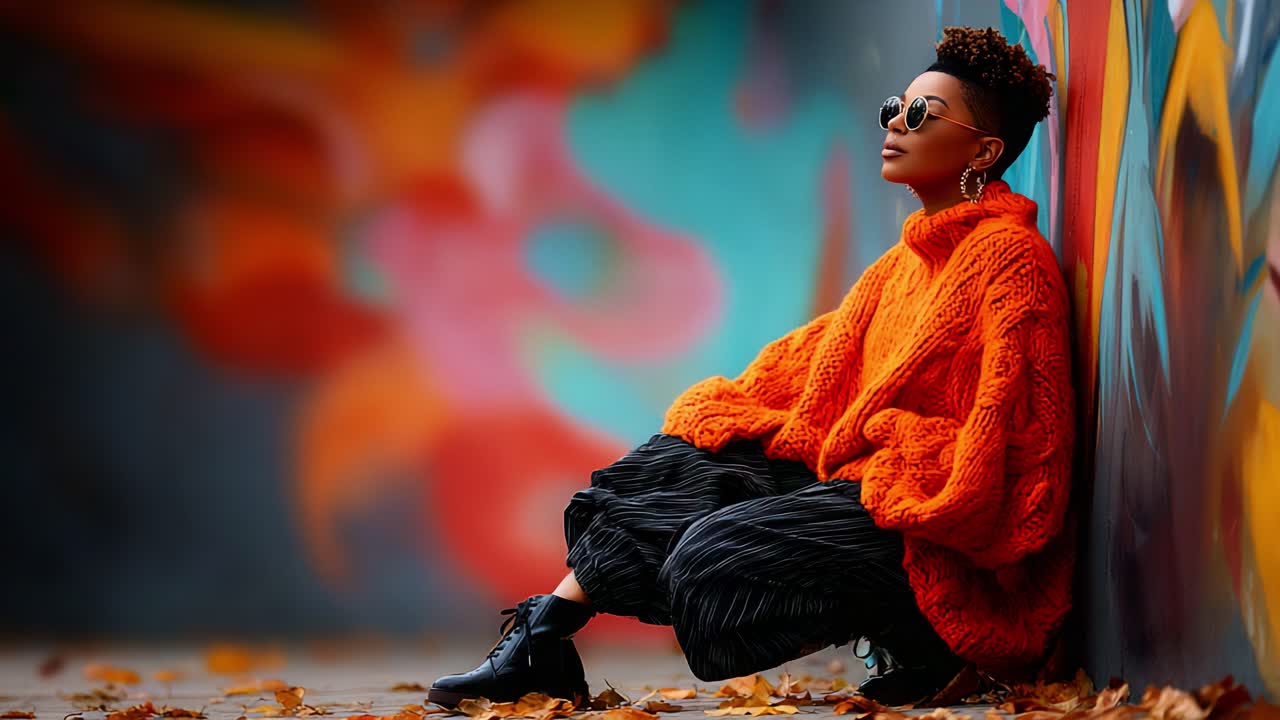 Un ritratto accattivante che ritrae una persona elegante con un maglione arancione oversize, in posa davanti a un murale vivace, che mette in mostra una fusione di moda ed espressione artistica