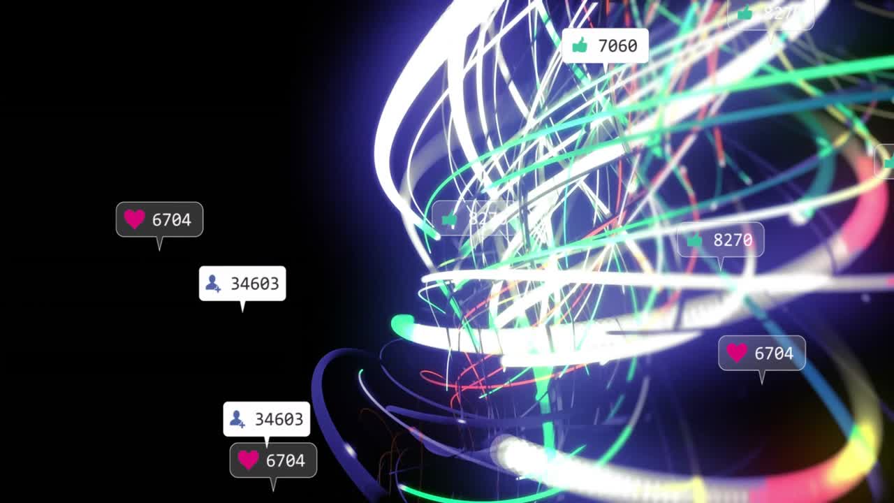 Neon ribbons emerging in void coiling and rotating into sphere as badges joining showing growth