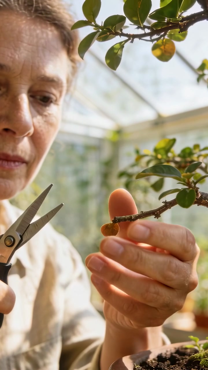 Inspecting woman wearing beige top trimming potted plant at greenhouse, with metal pruning scissors