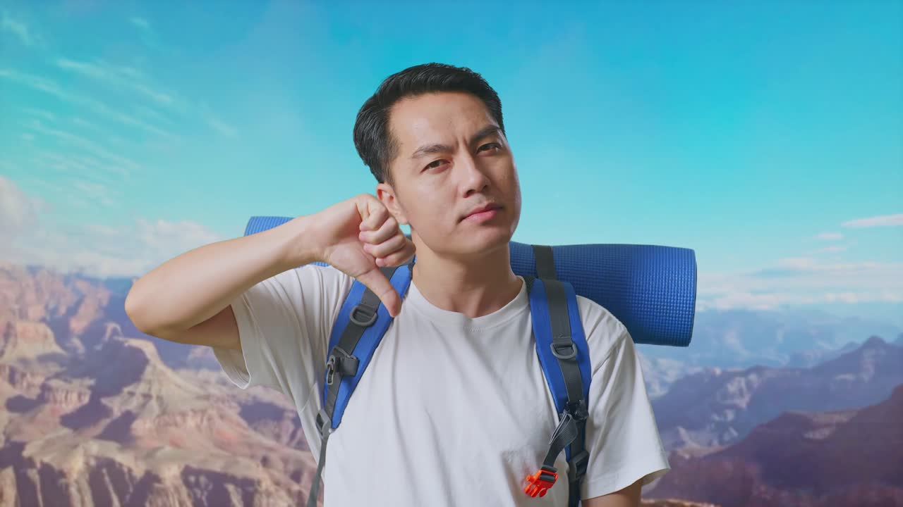 Close Up Of Asian Male Hiker With Mountaineering Backpack Showing Thumbs Down Gesture While Traveling At The Top Of Mountain