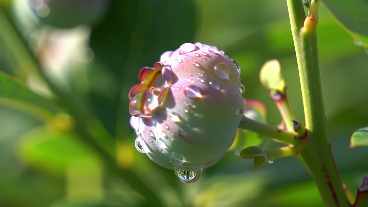 Gros plan d'un bourgeon de fruit couvert de rosée scintillant sous la lumière naturelle, mettant en valeur la beauté et la fraîcheur de la nature dans un environnement vert éclatant.