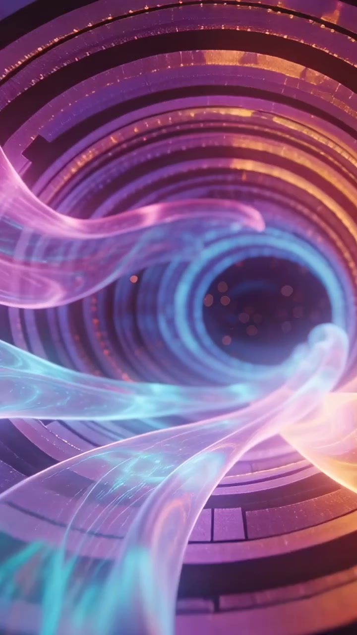 Vertical video: Flowing ribbons reacting to rotation inward in ring tunnel revealing inner rings