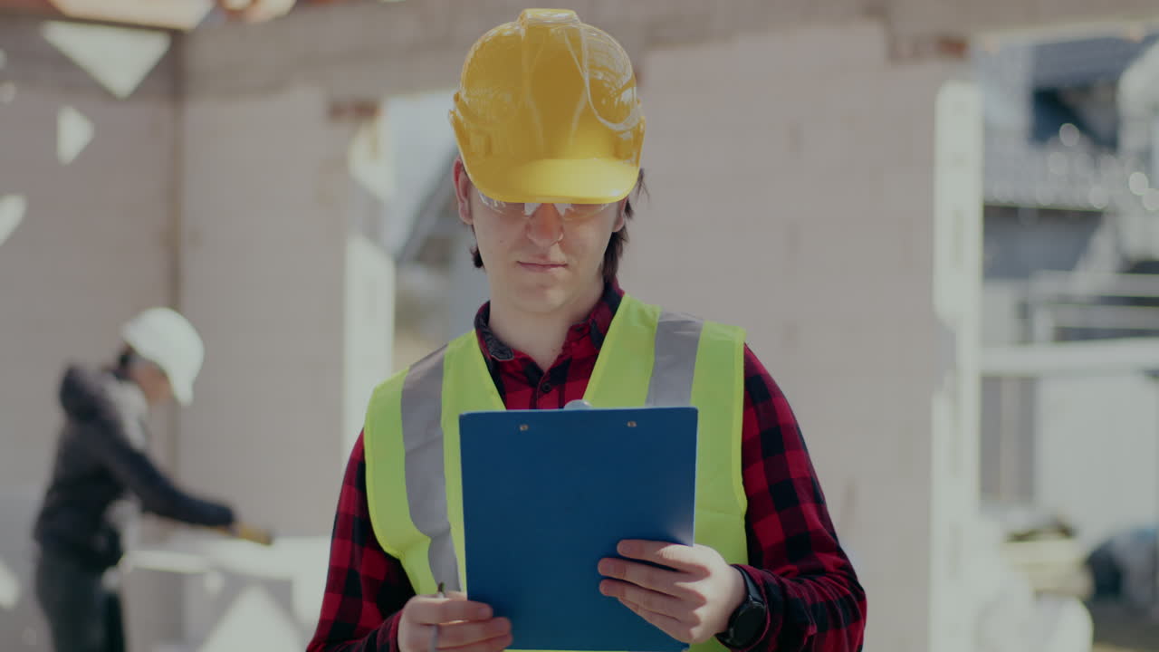Portrait of confident young male contractor wearing hardhat and reflective clothing writing on clipboard at construction site