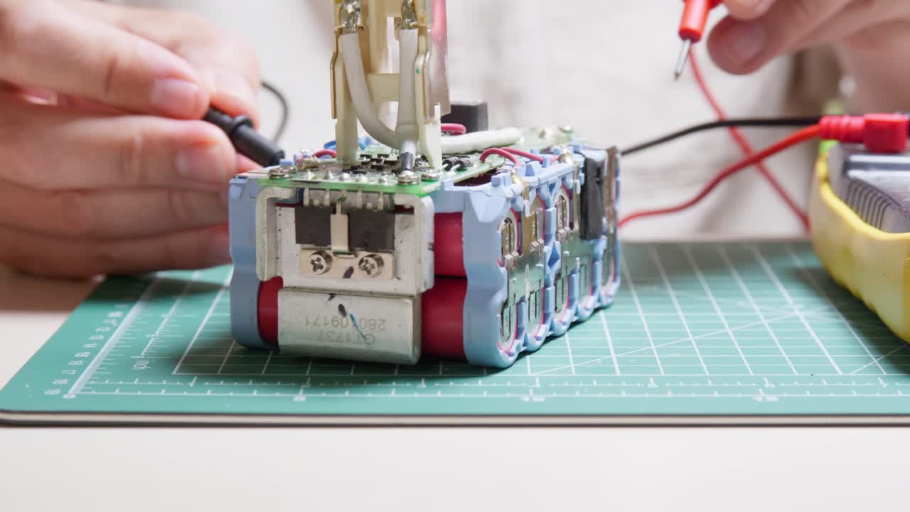 Man fault finding an electrical battery unit with a multimeter. Clip 1