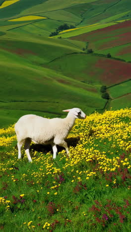 colorful rolling hills and fields with sheep