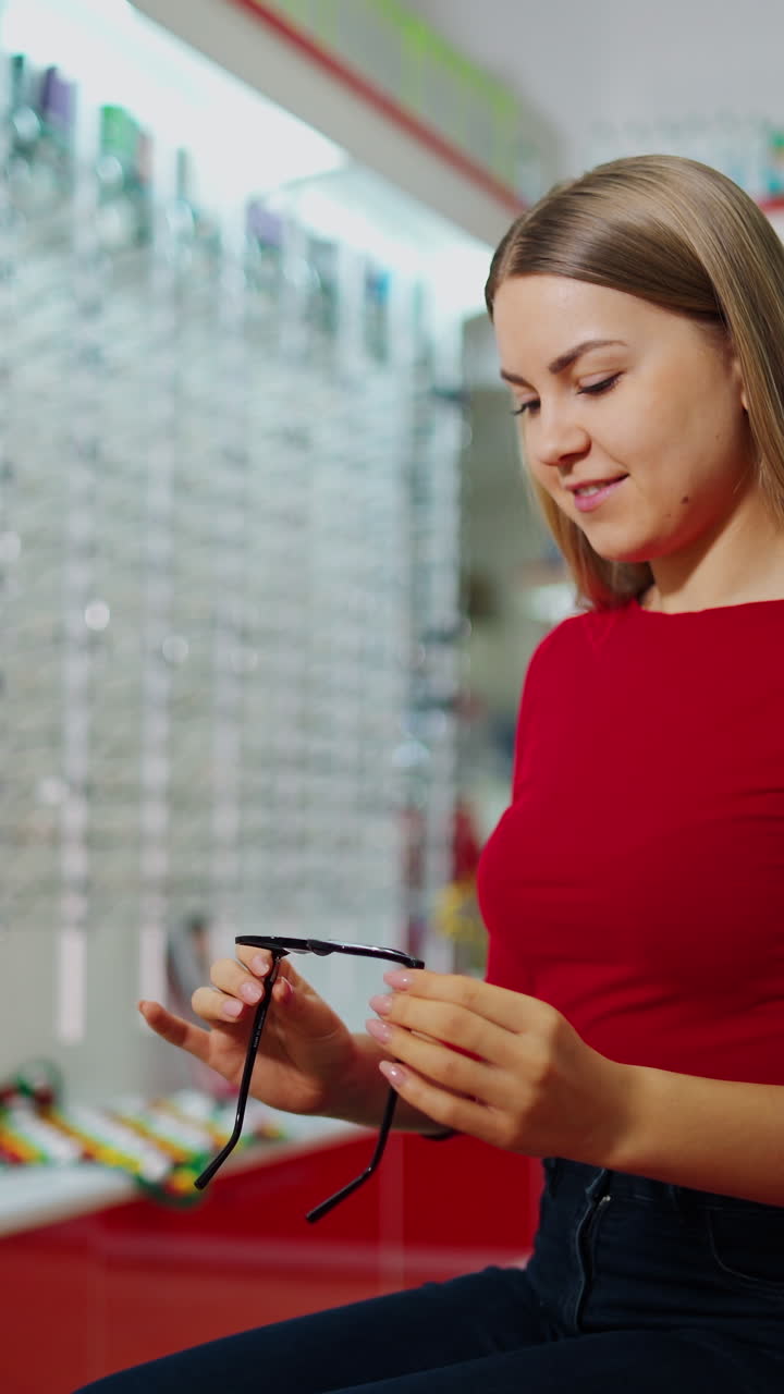 Woman examining eyeglasses. Happy woman choosing glasses at optical store
