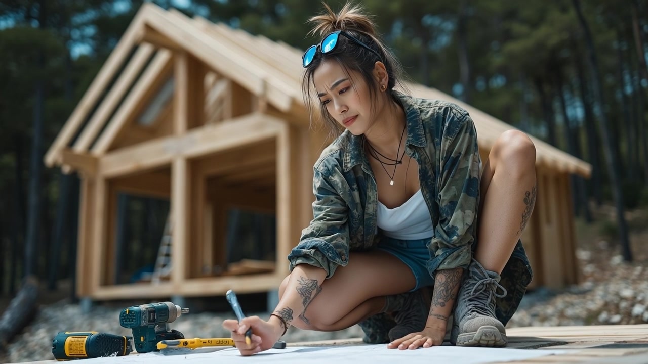 Architetta che disegna su planimetrie in un cantiere di una casa residenziale nel bosco.