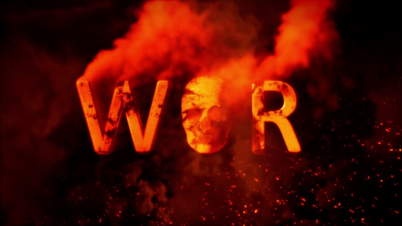 guerra de texto con hombre aterrador cráneo en la quema bg - video de bucle