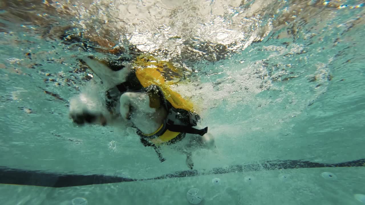 Underwater slow-motion shot of a playful puppy jumping into a pool