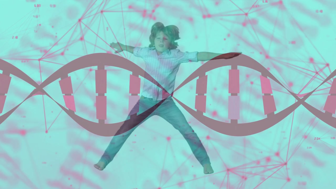 Ragazzo che esegue salti a stella in uno studio turchese, con una sovrapposizione a elica di DNA che attraversa la linea mediana per una demo tecnologica
