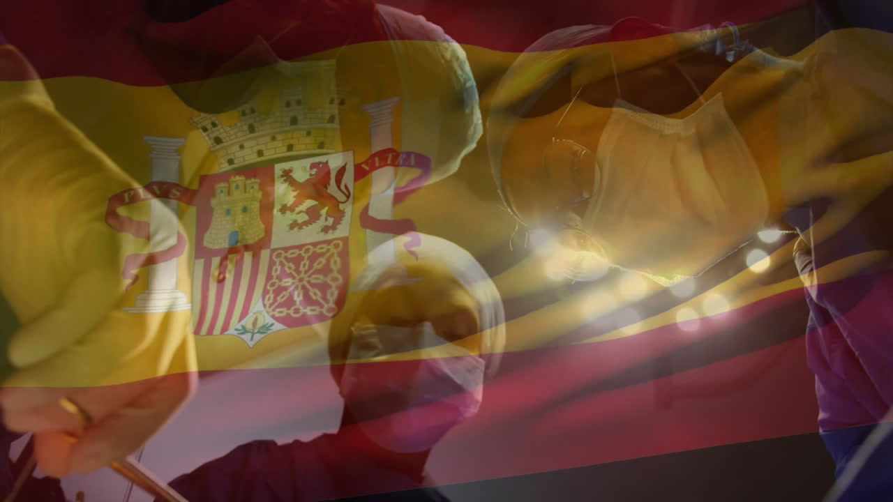 Medical team performing surgery in OR, with animated instrument icons and Spanish flag overlay