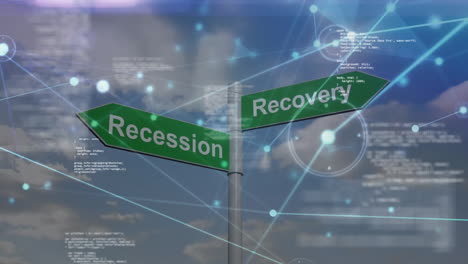 recession and recovery signs with network connections animation over cloudy sky