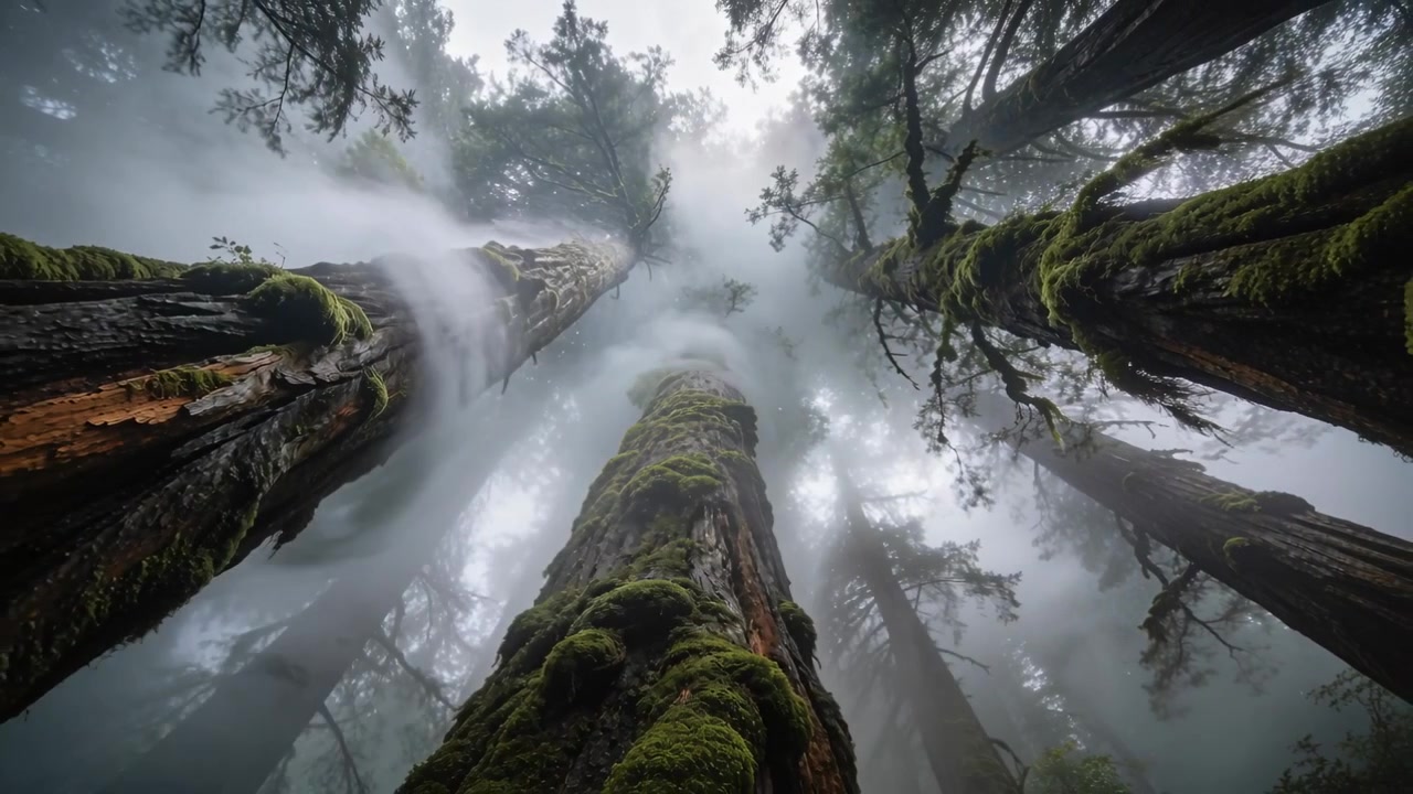 Telecamera inclinata che riprende un tronco di conifera muschioso dal basso in una foresta pluviale nebbiosa, rivelando la volta.